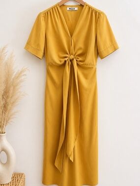 Silk Blend Twist Front Midi Dress Mustard Yellow Wedding Guest L Miuco